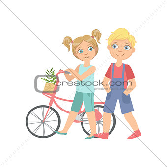 Boy And Girl Walking With The Bicycle Together