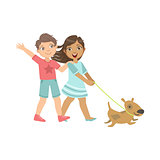Boy And Girl Walking The Dog Together