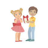 Boy Giving A Present To  Girl With Ponytails