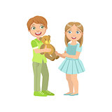 Boy Presenting A Teddy Bear To  Girl