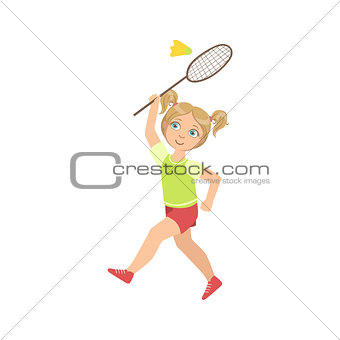 Girl Playing Badminton With Shuttlecock And Racket