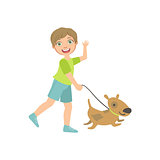 Boy Walking A Dog On The Leash