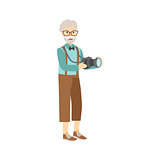 Old Man In Hipster Fashion Clother With Camera