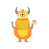 Yellow Friendly Monster With Horns And Cake