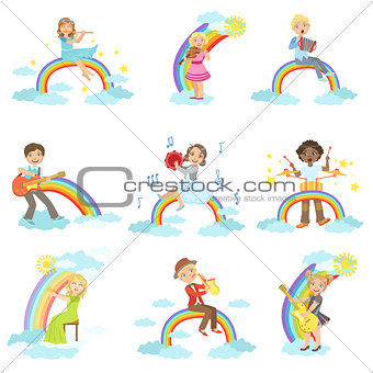 Kids Playing Music Instruments With Rainbow And Clouds Decoration