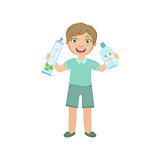 Boy Holding Big Toothpaste Tube And Mouthwash Bottle