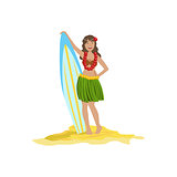 Woman In Classic Hawaiian Outfit Holding Surf Board