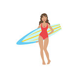 Woman In Red One-piece Swimsuit Pasing With Surfboard