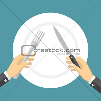 Empty plate and hands holding knife and fork.