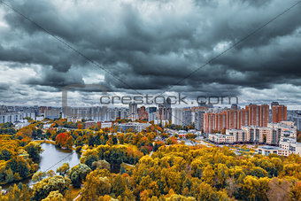 City skyline at autumn cloudy day time.