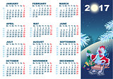Christmas cock rolls on sledge from mountain. Blue cartoon Rooster symbol 2017 and wall calendar