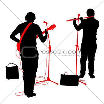 Silhouettes musicians plays the guitar and flute. Vector illustration