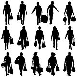 Black silhouettes mans and womans with bags and packages on whit