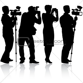Cameraman with video camera. Silhouettes on white background. 