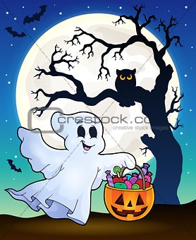 Halloween ghost with tree silhouette