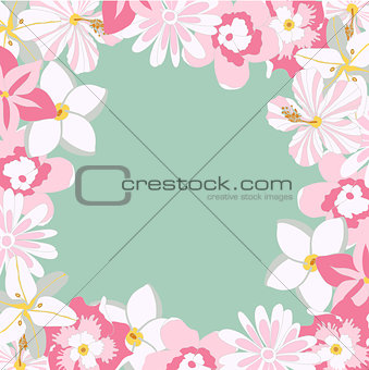 Vector frame with tropical pink flowers