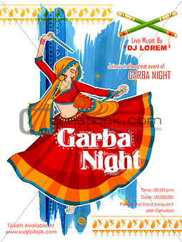 Woman playing Dandiya in disco Garba Night poster for Navratri Dussehra festival of India