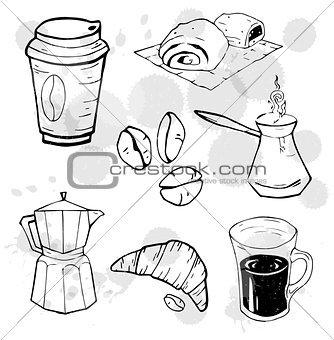 Coffee to go cup, Coffee beans. Long-handled coffeemaker. Pastry. Doodle elements set. Design concept. Vector Illustration.