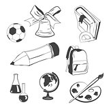 Back to school Doodle Elements Set. Globe, school bell with bow ribbon, pallette and brush, book, pencil, backpack. Isolated Objects