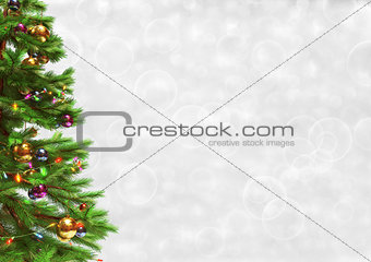 Decorated christmas tree on bokeh background. 3D illustration