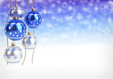 blue and silver christmas balls hanging on bokeh background. 3D render