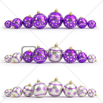 Collection of purple and silver christmas balls. White isolated. 3D render
