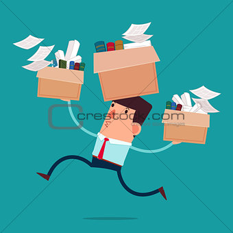 young businessman carry boxes with his work moving to new office