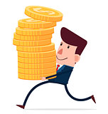 young businessman carry stack of coins