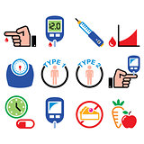 Diabetes disease, health, medical icons set