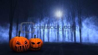 3D foggy spooky forest with Halloween pumpkins