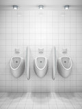 a white public restroom with three urinals