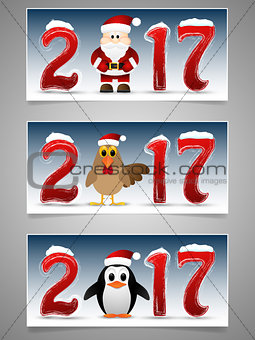 Happy New Year banner set with Santa Claus, penguin and rooster.