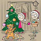 Couple decorates Christmas tree. Red cat tangled in garland
