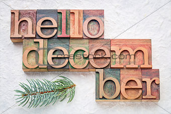 Hello December word abstrtact in wood type