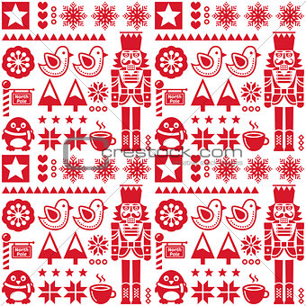 Christmas seamless red pattern with nutcracker - folk art style