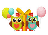 Cute Owl Happy Birthday Background with Gift Box, Balloons and P