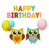 Cute Owl Happy Birthday Background with Balloons and Place for Y