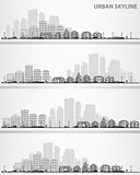 Cityscape set with small town and downtown silhouettes