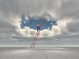Man climb a ladder to a hole in the sky