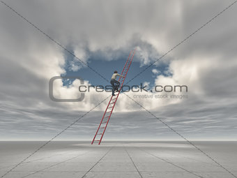 Man climb a ladder to a hole in the sky