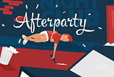 Boy lies near night club, feeling tired,sleepy. Afterparty. Unique concept illustration.