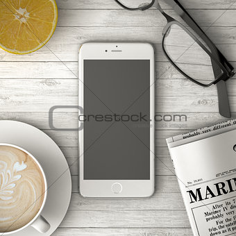 phone on the table, coffee and newspaper 3d illustration