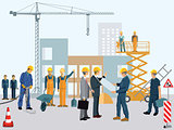 Construction site with workers and architect