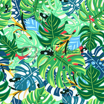 Beautiful pattern leaves monstera and frogs 