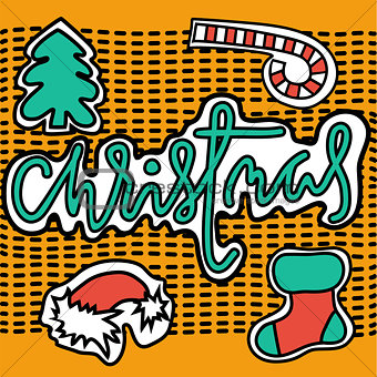 Set of christmas stickers on yellow background. Vector illustration
