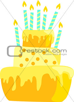Yellow anniversary cake with candles decorations in light pastel colors. EPS10
