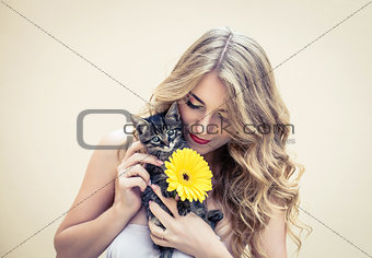 Girl with flower and cat