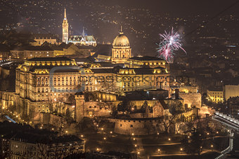 Royal Palace and Fireworks at Night in Budapest, Hungary