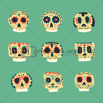 Vector cute ethnic Mexican skulls icons