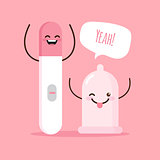 Vector cartoon illustration with condom and negative pregnancy test